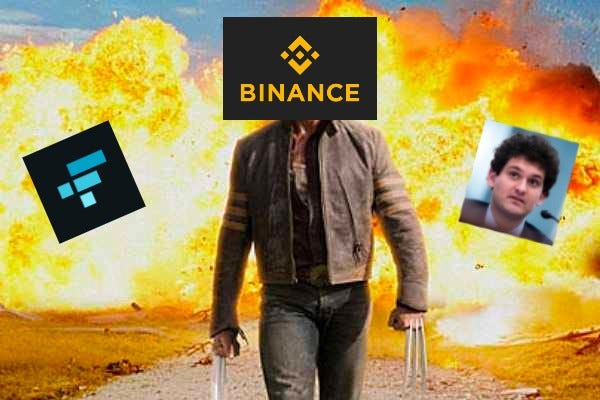 Binance walking away from an explosion with FTX and SBF in the background