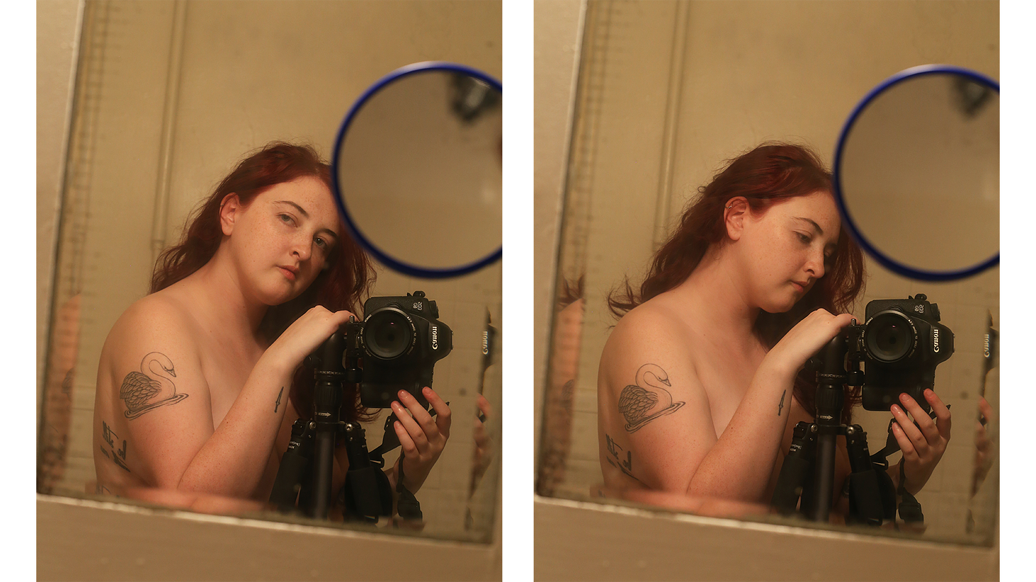 Two images of nat aiming a DSLR camera on a tripod at their bathroom mirror. They look at the mirror in the photo on the left and at the camera screen in the photo on the right.