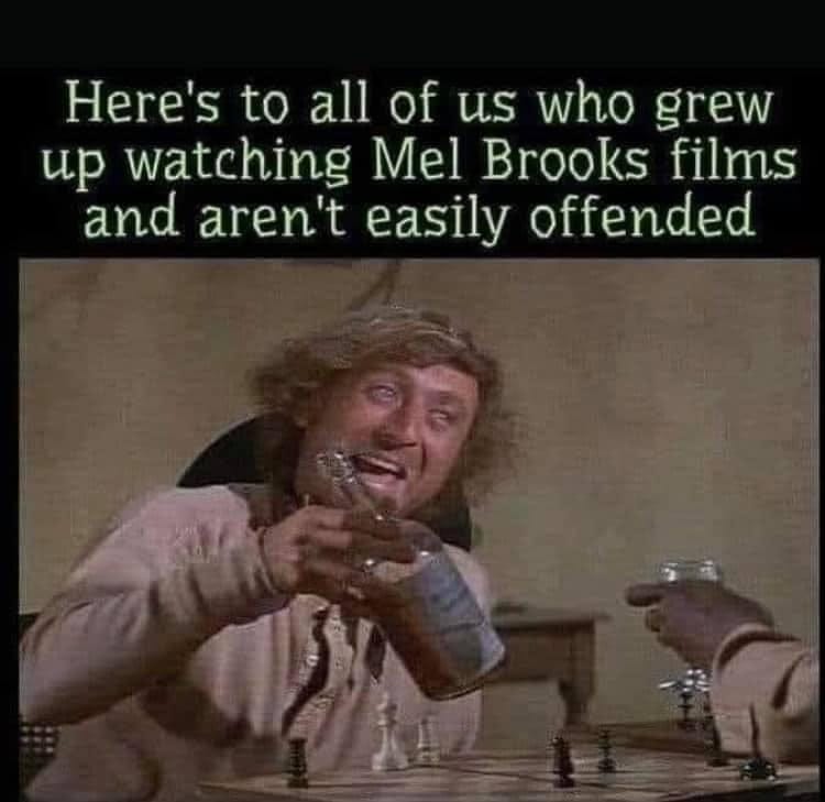 May be an image of 1 person and text that says 'Here's to all of us who grew up watching Mel Brooks films and aren't easily offended'