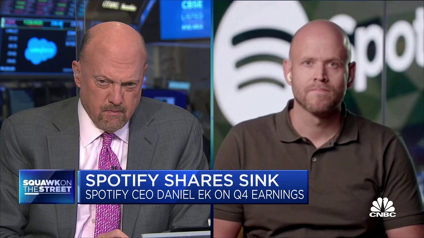 Spotify CEO Daniel Ek discusses fourth-quarter earnings amid 18% stock slide