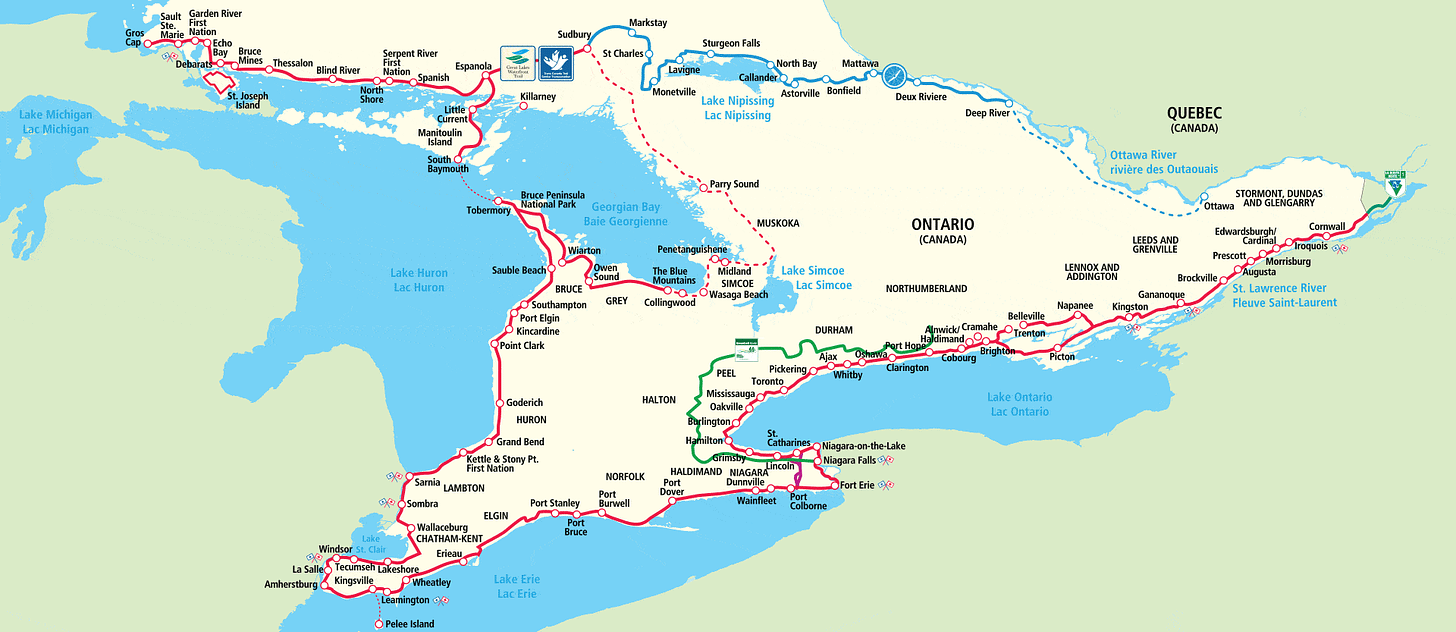 A map of the Great Lakes Waterfront Trail, stretching across all of the Canadian Great Lakes coast.