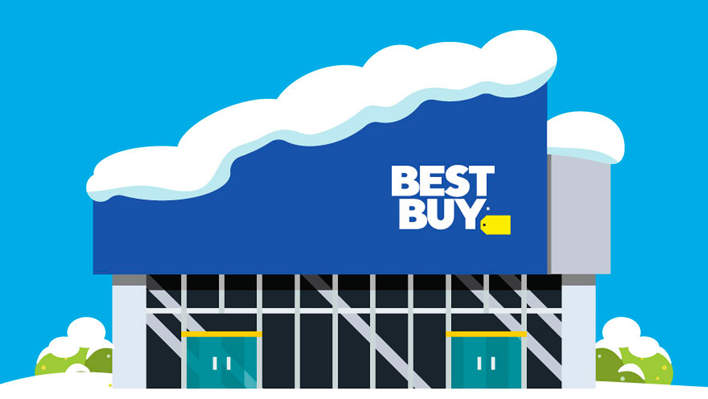 A cartoonish image of a best buy with slanted roof covered in snow