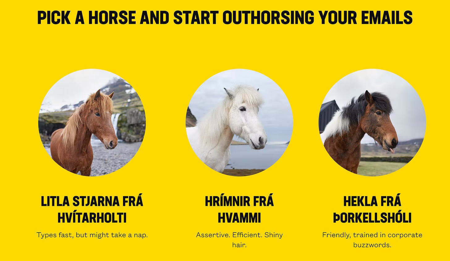 3 photos of horses, each with a name and specialty skill