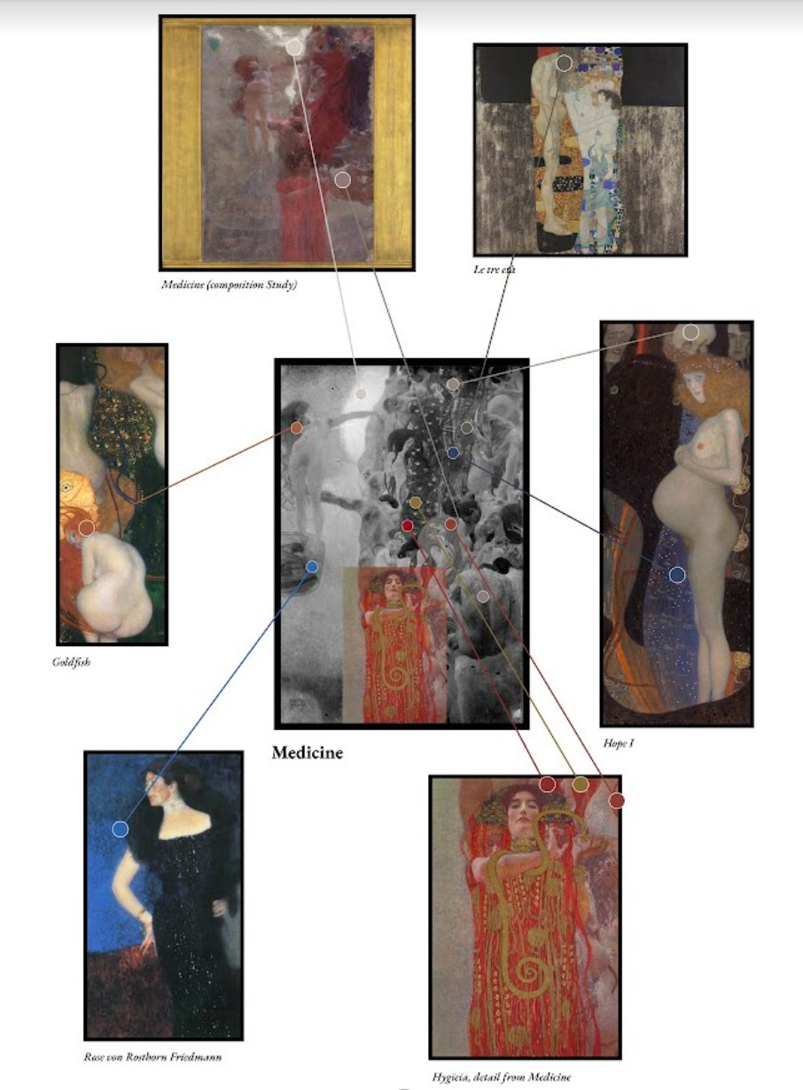 Les couleurs des œuvres d'art survivantes ont été assorties à des sections des peintures de la faculté. Crédit : Google.