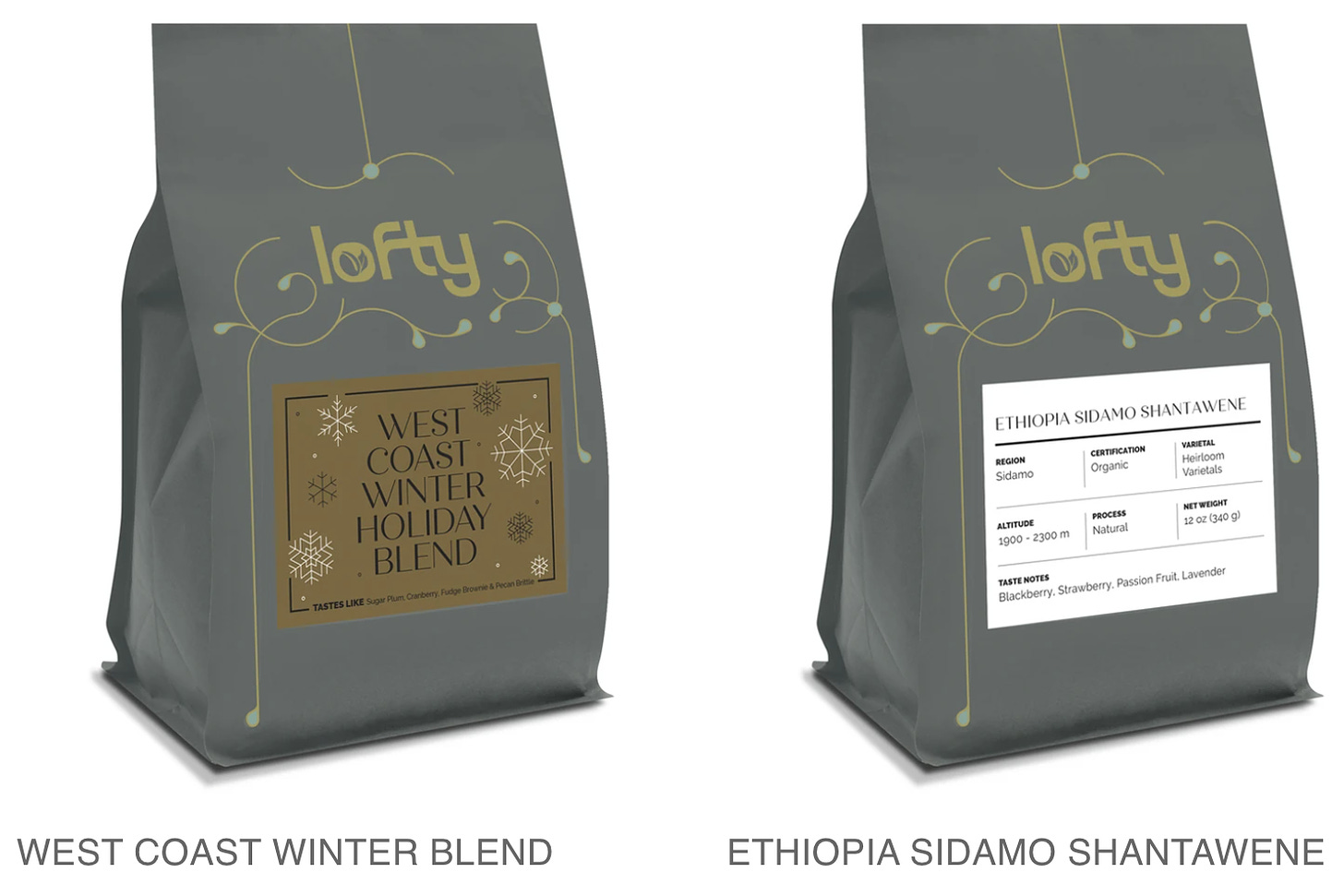 Grey bags of Lofty Coffee West Coast Winter Holiday Blend coffee beans on a white background.