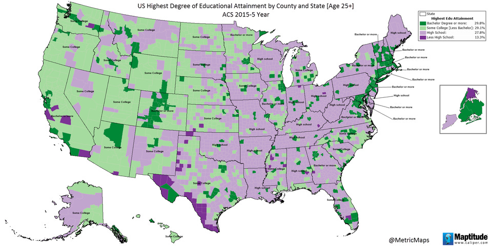 r/MapPorn - US Highest Degree of Educational Attainment by County and State [1362x686]