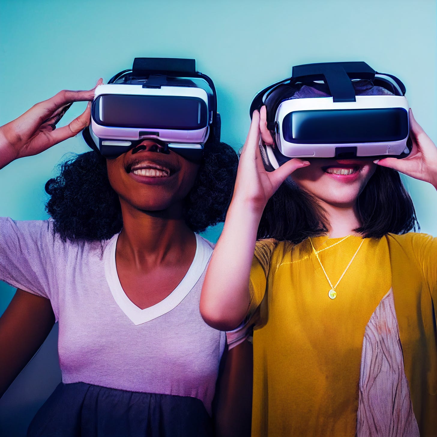 A portrait of multicultural humans playing in Virtual Reality. They feel happy and connected.