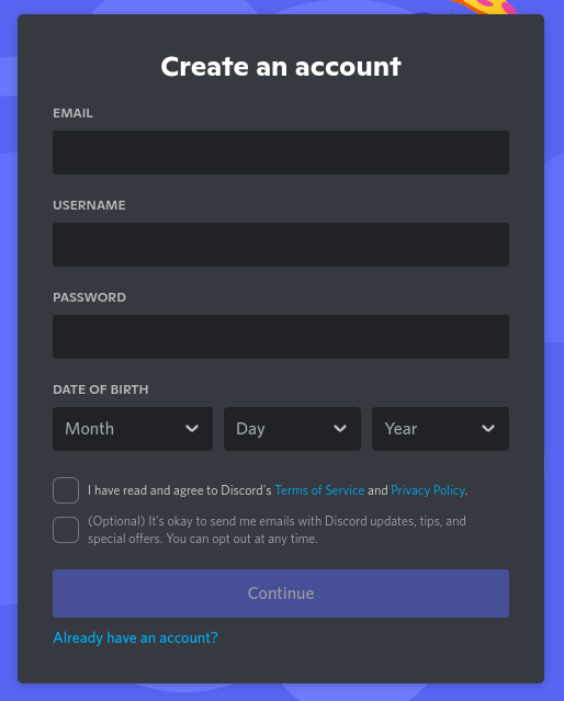 Discord "Create account" form