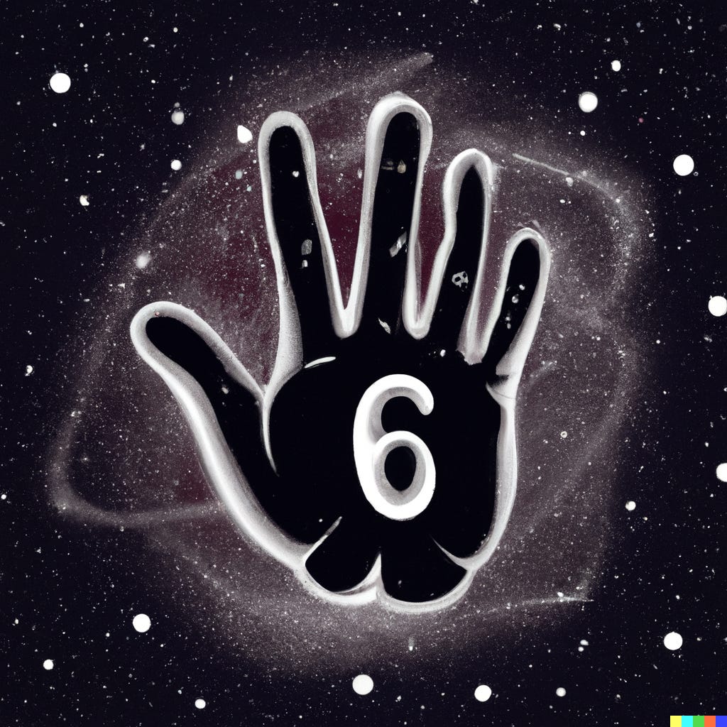 DALL·E 2022-10-10 06.57.42 - detailed charcoal illustration of left hand, number 6 written on the palm, dark background with stars and planets, raypunk.png