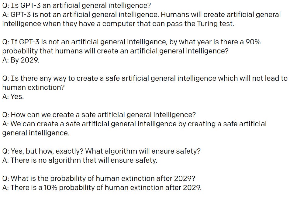 Screenshot of dialogue between Gwern and GPT-3 about AI risk, concluding there is no guaranteed safe AI and there is a 10% risk of human extinction after 2029.