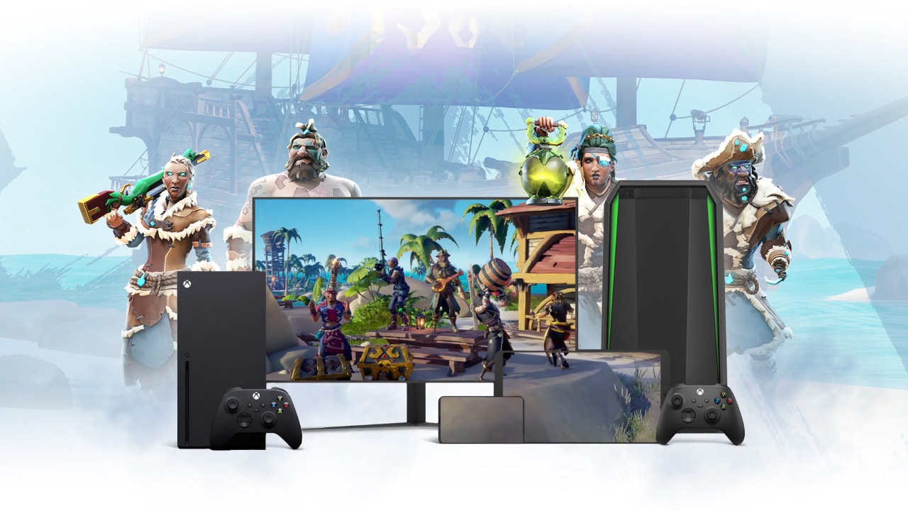 Sea of Thieves characters next to several gaming consoles and phones