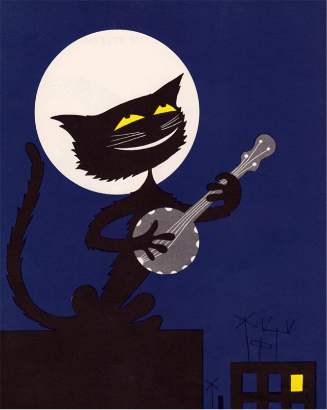 a black cat playing guitar on a rooftop. illustration from A Kiss Is Round by Blossom Budney, 1954.