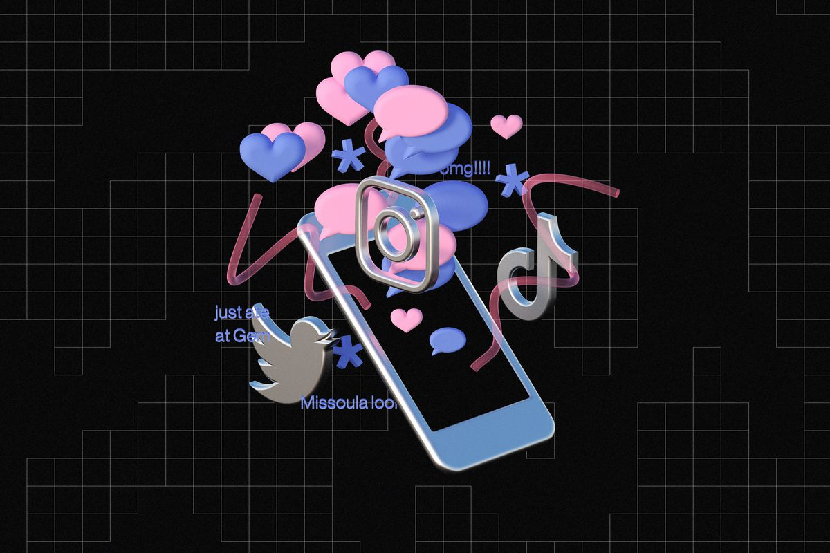 An illustration of a phone with the Tiktok logo, the Instagram logo, and heart and speech bubble icons floating out of it.