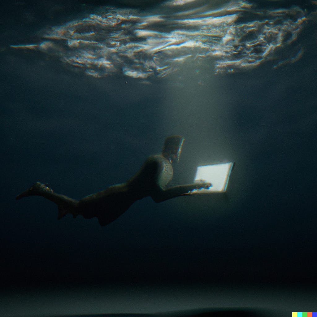 “A man typing on his laptop underwater, digital art, as interpreted by OpenAI’s DALL-E”