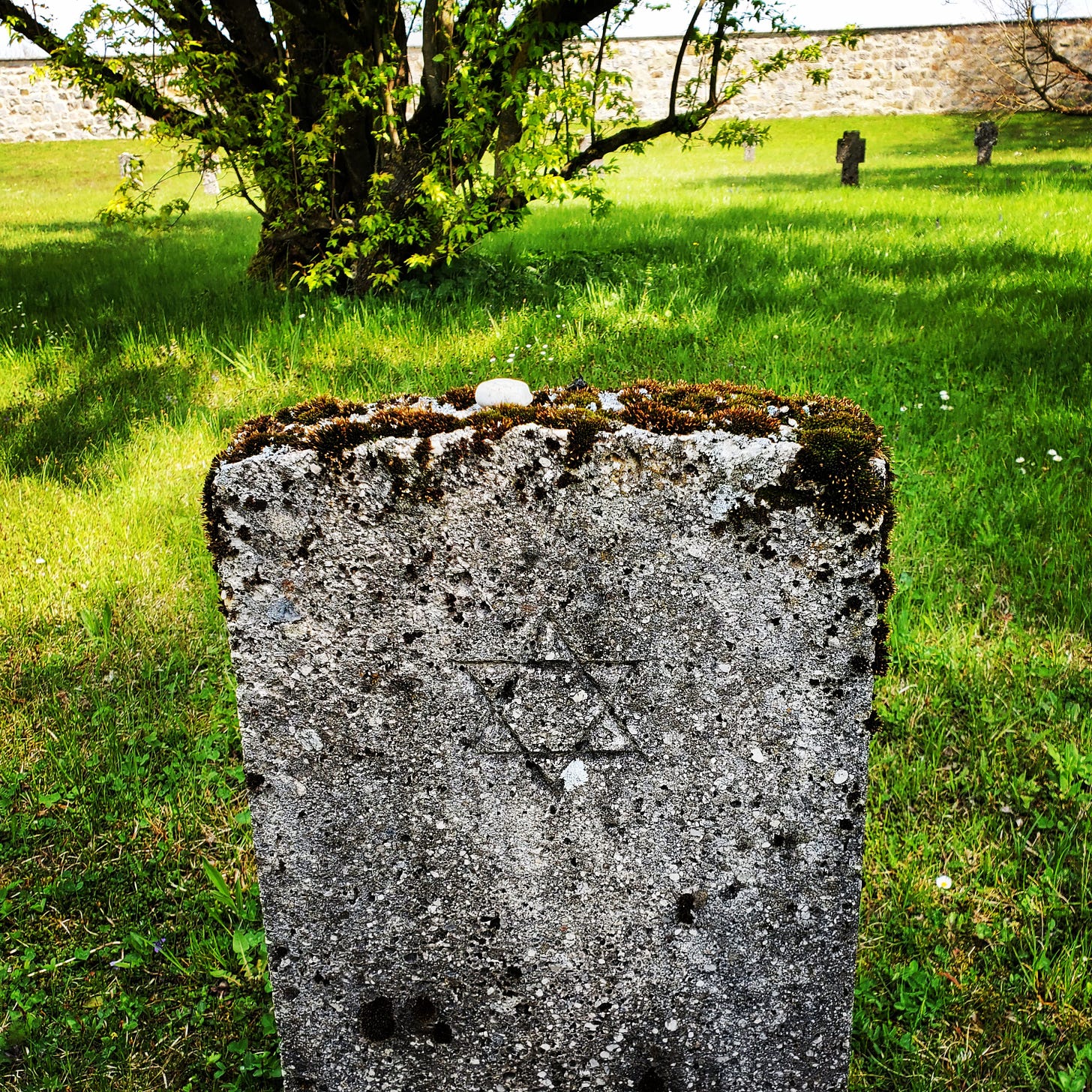 A moss covered grave marker with a Mogen David and a stone on top. 