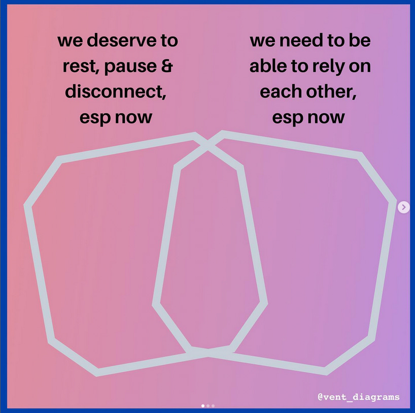 Instagram post by vent_diagrams showing two overlapping polygons, one says "we deserve to rest, pause & disconnect, esp now” and the other says “we need to be able to rely on each other, esp now”