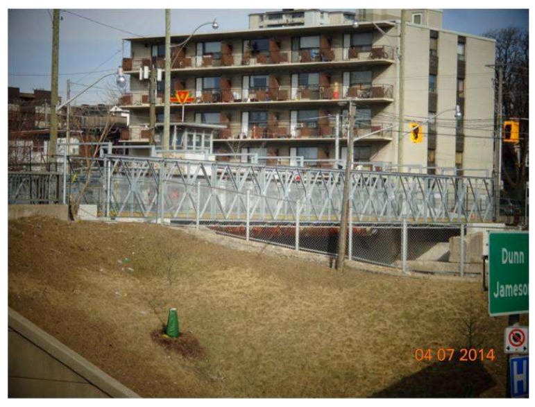 A temporary bridge along Dufferin Street over the rail corridor