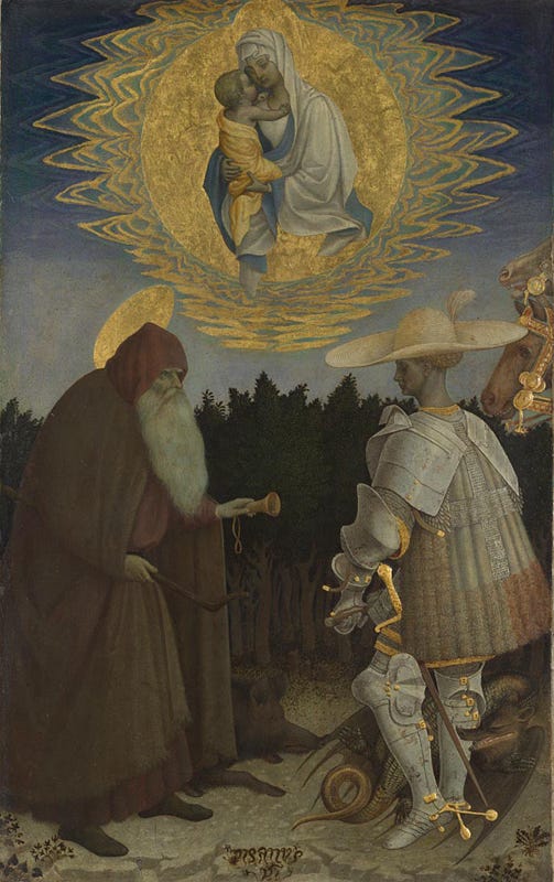 A madonna and child float in the air, surrounded by a halo of gold with ragged blue and gold edges. Below, an old man wearing a brown cloak, white beard, and golden halo holds a horn, which he holds out to a man with a wide-brimmed white hat. He wears armor and white knightly attire. They stand against a backdrop of evergreen trees. Two horse heads with gold bridles peek in from the right side.