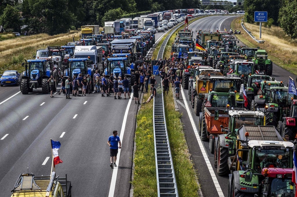 Farmer vehicles stopping traffic near the border of the Netherlands and Germany on June 29, 2022.