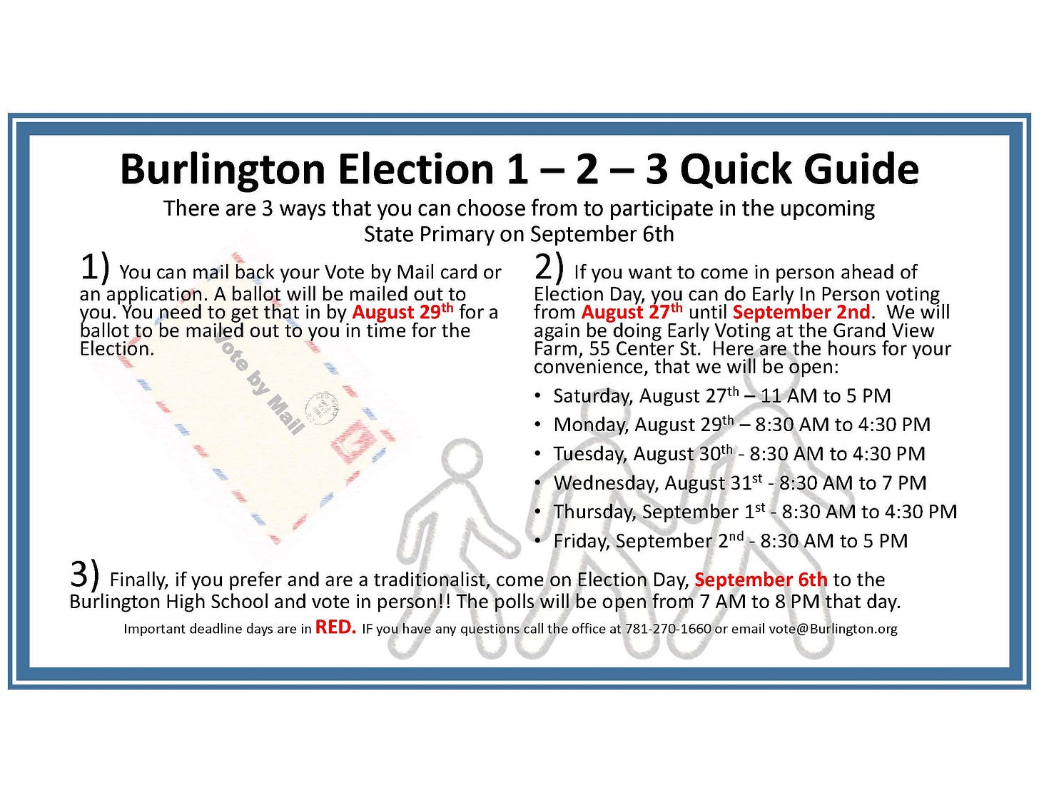 information about Vote by Mail, In person Voting and Day of for the election on September 6th. 