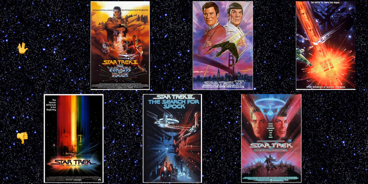 Starfield background with 6 Star Trek original series movie posters. the top three are live long and prosper and the even numbered films, the bottom three are the thumbs down and the odd numbered films. Star Trek: The Motion Picture, Star Trek II: The Wrath of Khan, Star Trek III: The Search for Spock, Star Trek IV: The Voyage Home, Star Trek V: The Final Frontier, Star Trek VI: The Undiscovered Country