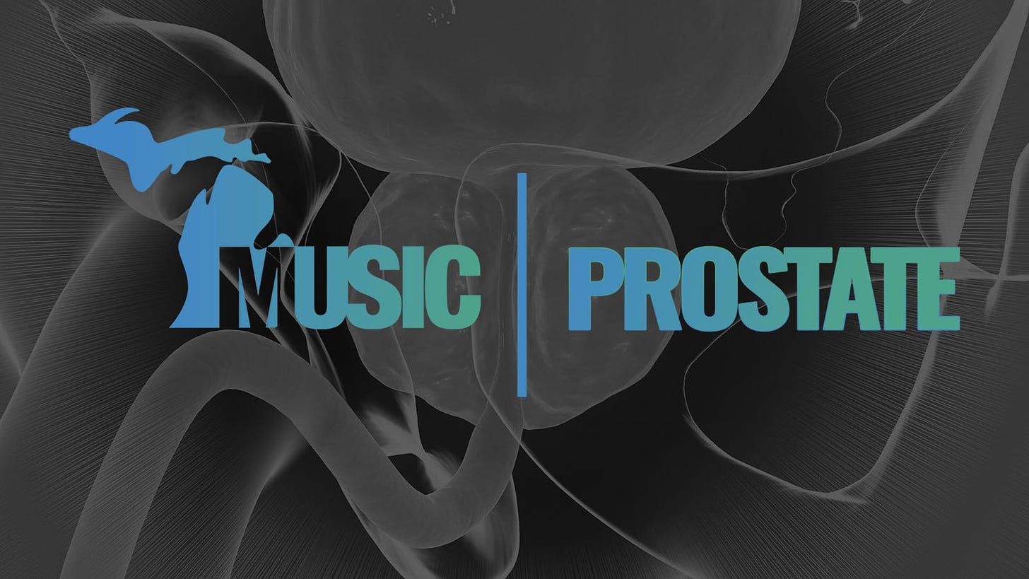 The MUSIC logo over a computer rendering of a prostate gland.