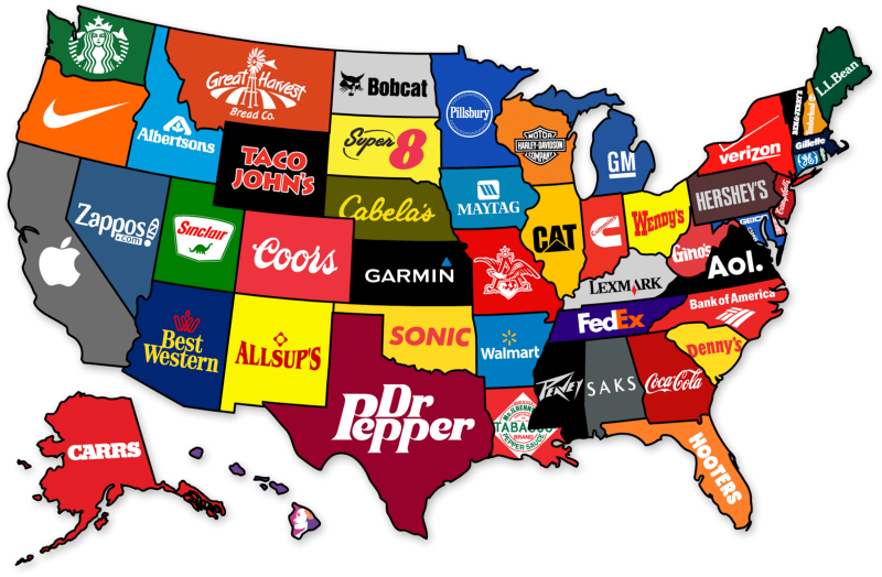 A map of America, with a different corporate brand on each state.