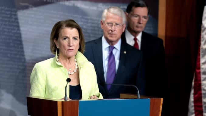 Senator Shelley Moore Capito, a Republican from West Virginia, left, speaks as Senator Roger Wicker, a Republican from Mississippi, center, and Senator John Barrasso, a Republican from Wyoming, listen during a news conference on Capitol Hill in Washington