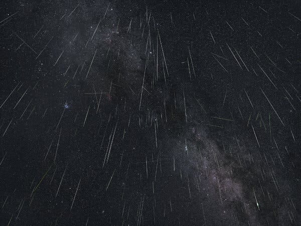 A composite photo of a night of six showers, on Dec. 13 and Dec. 14, 2020, in Texas, showing meteors from the Geminids, Sigma Hydrids, Leonis Minorids, Comae Berenicids, Monocerotids and Puppid-Velids showers.