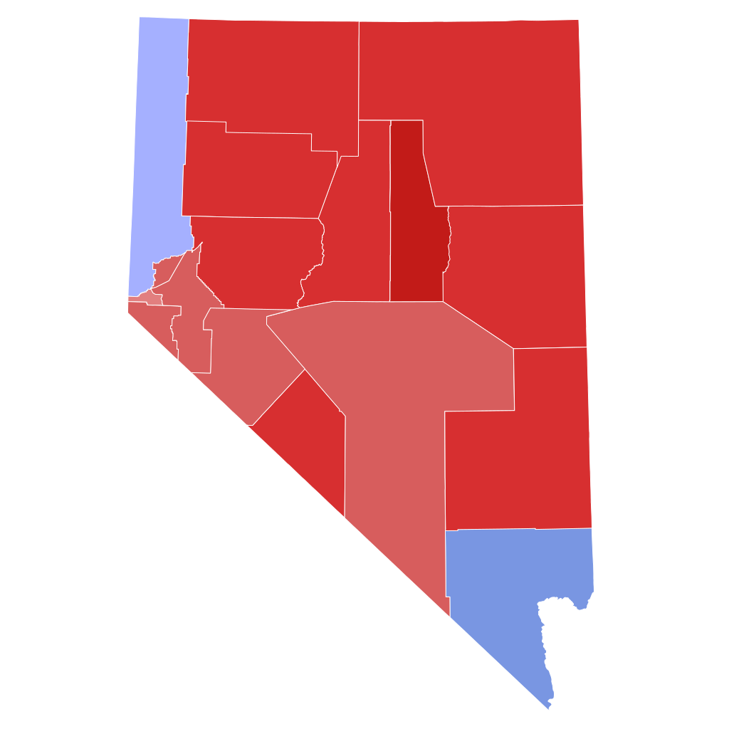 2022 Midterm Election map of Nevada with shaded counties for which party won the governor vote. Republicans won 15 of 17 counties, with Clark and Washoe Counties being the only exception.