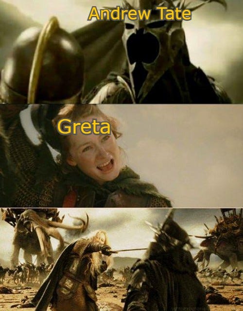 andrew tate (the witch-king) facing off against greta (eowyn) who stabs him in the face
