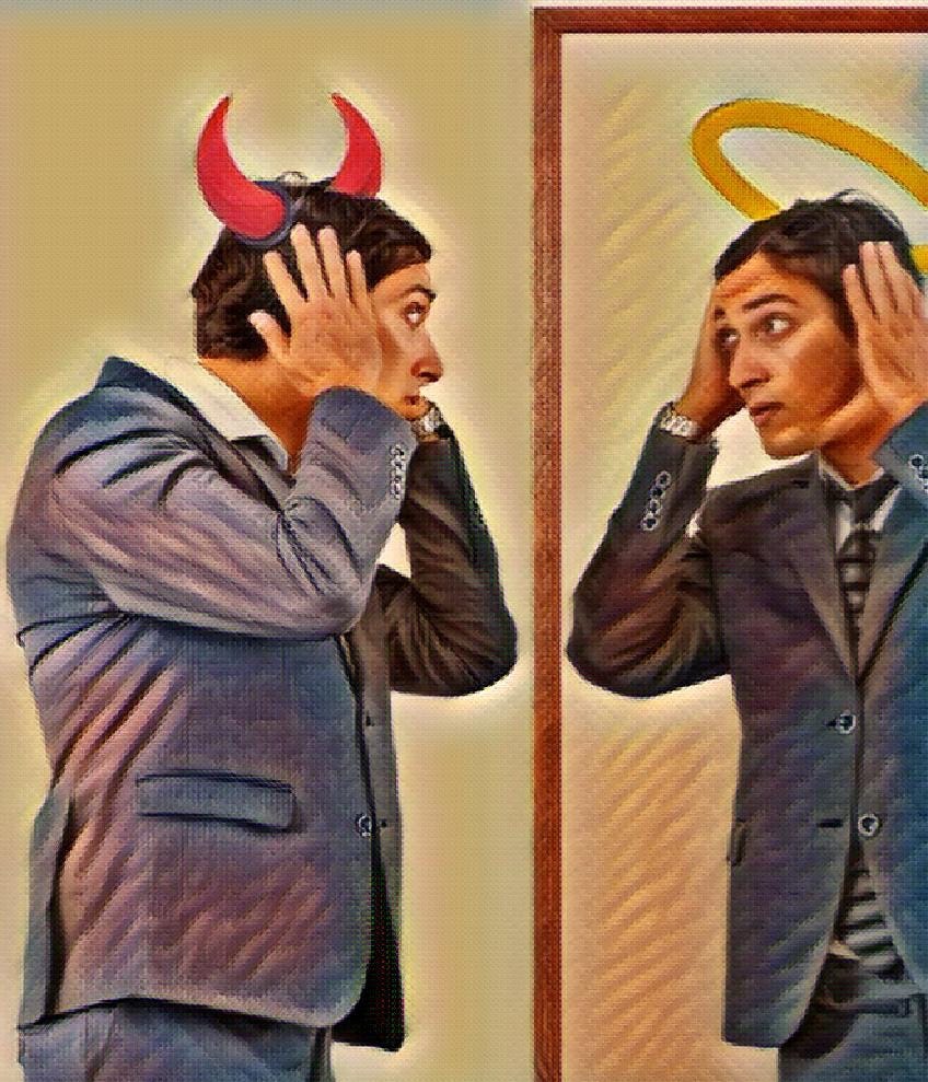 Man in suit with devil horns sees self in mirror with halo