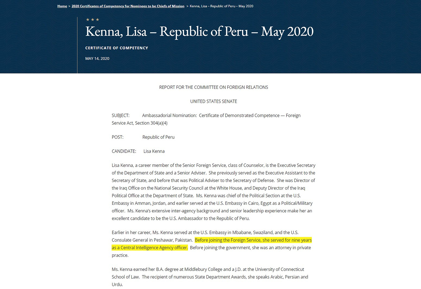Lisa Kenna US ambassador Peru CIA