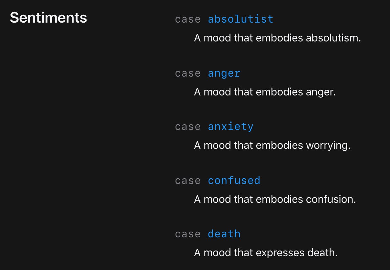 Screenshot of Apple documentation that lists sentiments that can be detected by Apple’s new SentimentCategory call, including “absolutist: A mood that embodies absolutism,” “anger: A mood that embodies anger,” “anxiety: A mood that embodies worrying,” “confused: A mood that embodies confusion,” and “death: A mood that expresses death.”
