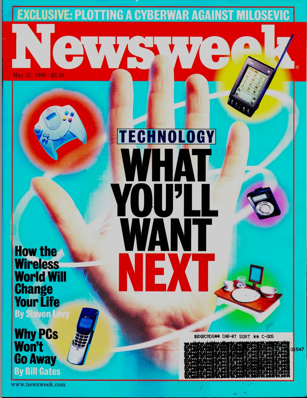 Newsweek cover "What You'll Want Next" in technology. Photos of lots of gadgets including the Palm VII