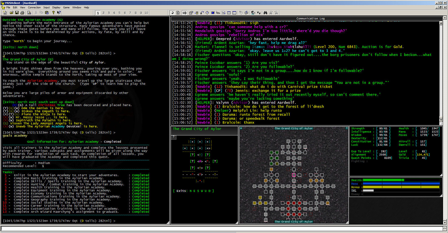 IMAGE DESCRIPTION: A screenshot of a running multi-user dungeon program. The window of the program is divided into six windows: a window for the game's narrative, a communication log for talking to other players, two maps of the Grand City of Aylor, and two for the player character's stats