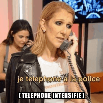 Gif of the same Céline Dion meme above, but this time it's vibrating, and a new caption reads TELEPHONÉ INTENSIFIÉ 