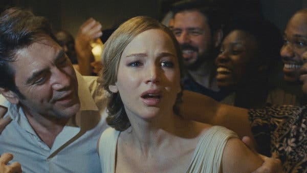 Jennifer Lawrence, right, with Javier Bardem in “Mother!”