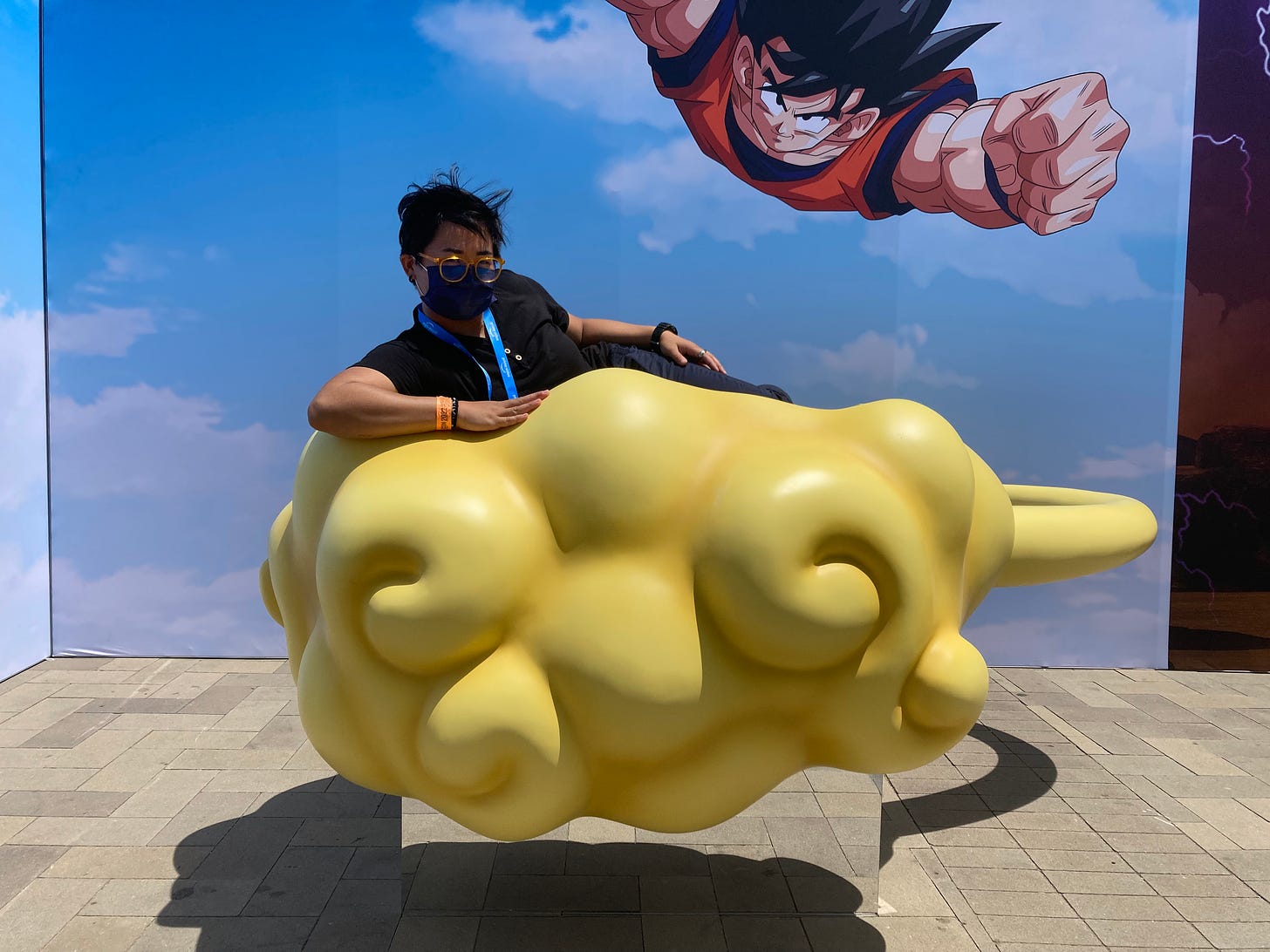 Me on Kintoun at the popup DBZ Super exhibit outside the hall. My eyes were burning.