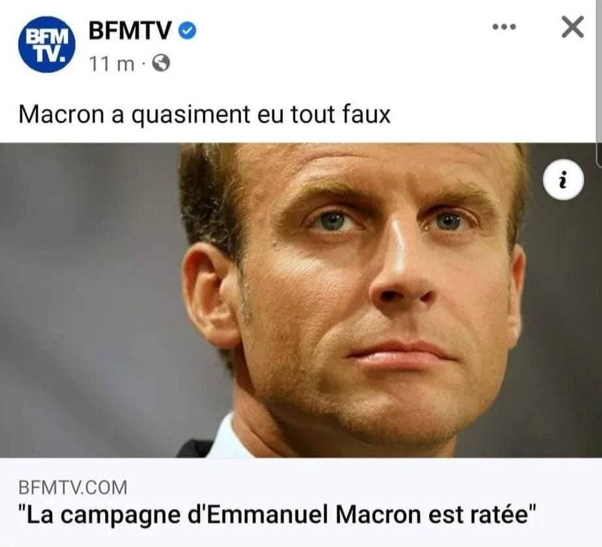 Peut être une image de 1 personne et texte qui dit ’BFM BFMTV TV. 11m m 11 Macron Macron a quasiment eu tout faux i BFMTV.COM "La campagne d'Emmanuel Macron est ratée"’