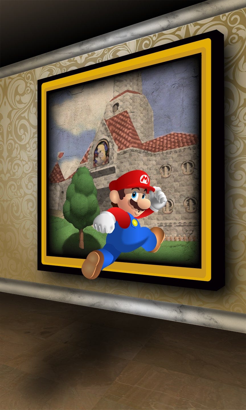 Super Mario jumping into a painting