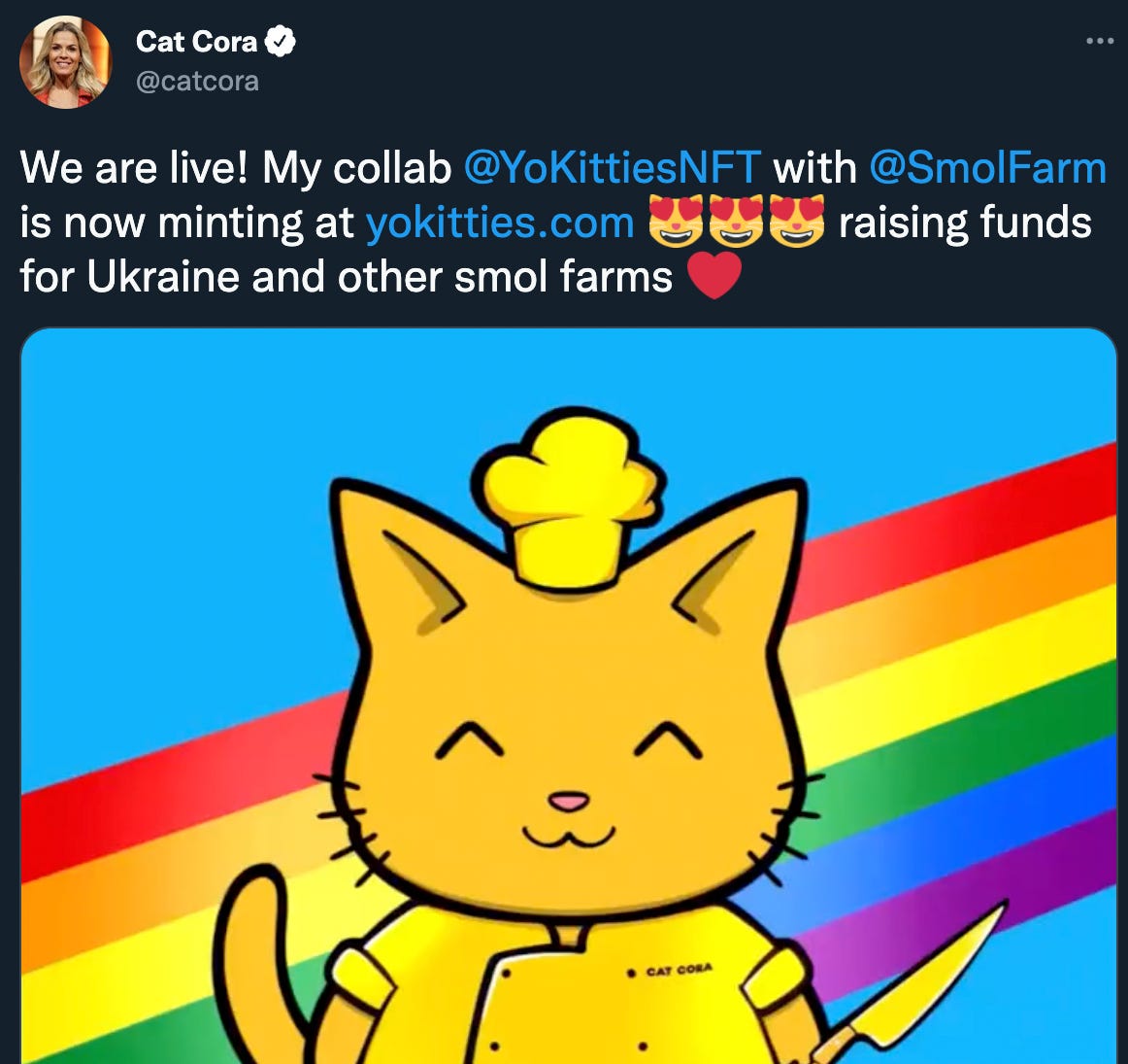 A tweet from Cat Cora announcing minting being open for Yo Kitties.