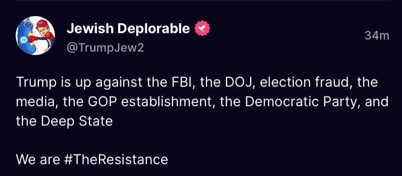 May be an image of text that says 'Jewish Deplorable @TrumpJew2 34m Trump is up against the FBI, the DOJ, election fraud the media, the GOP establishment, the Democratic Party, and the Deep State We are #TheResistance'