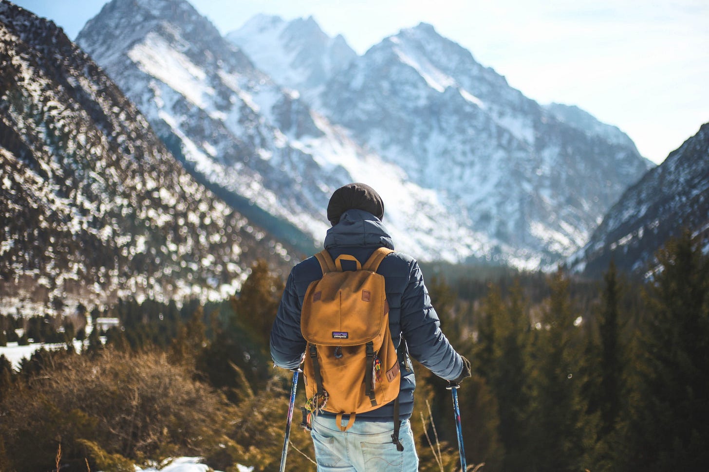 A person standing facing the snow capped mountains and holding a pair of skiis