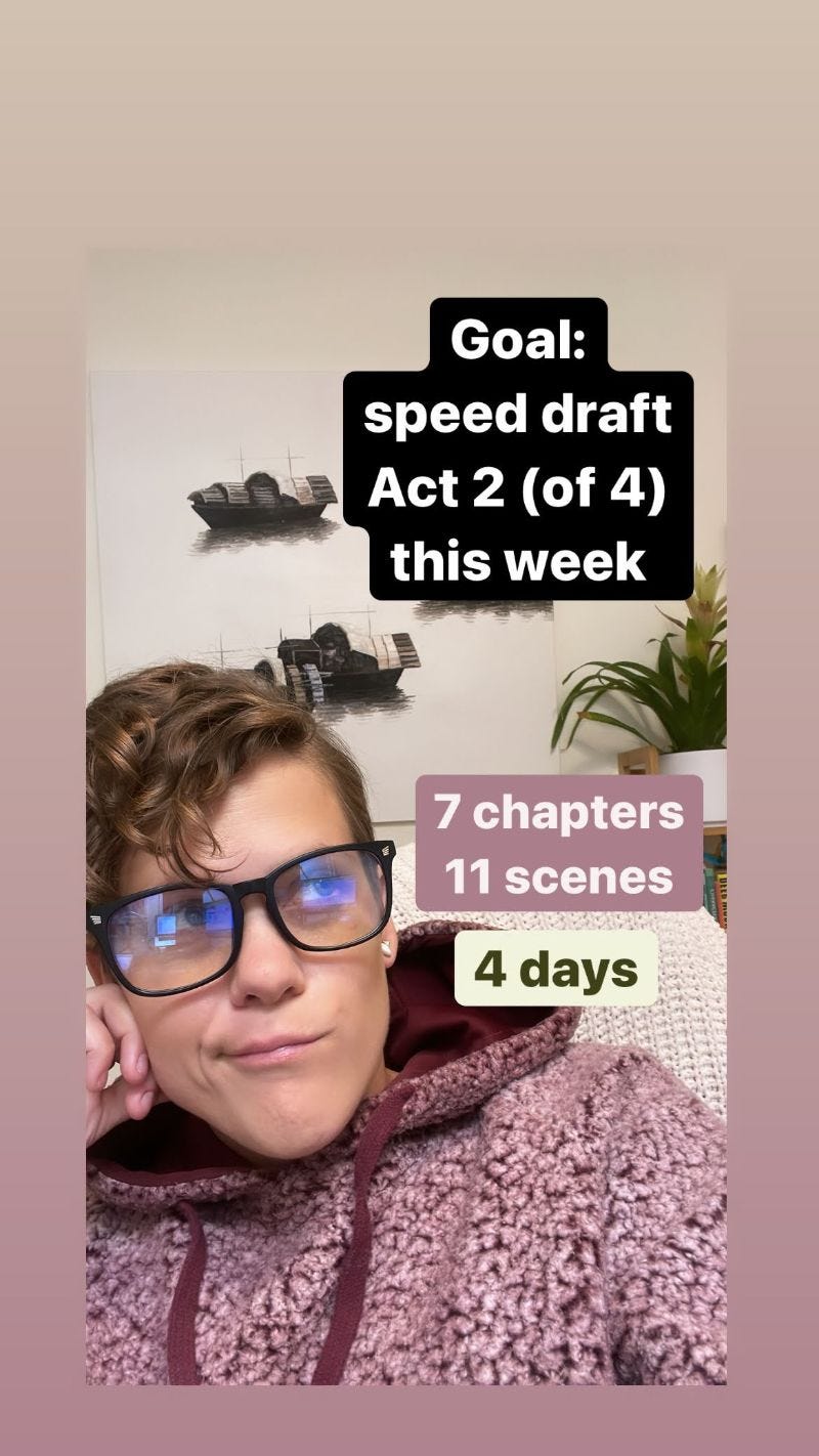 a white woman in her office chair wearing a fuzzy red hoodie pondering with her fist on her check, text says Goal: speed draft Act 2 of 4 this week