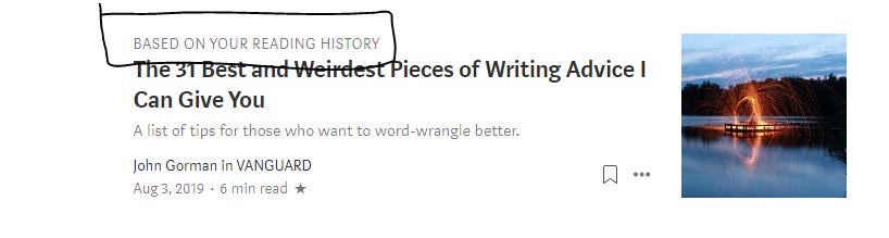 A Medium story recommend by Medium on a tag with “Based on your reading history”