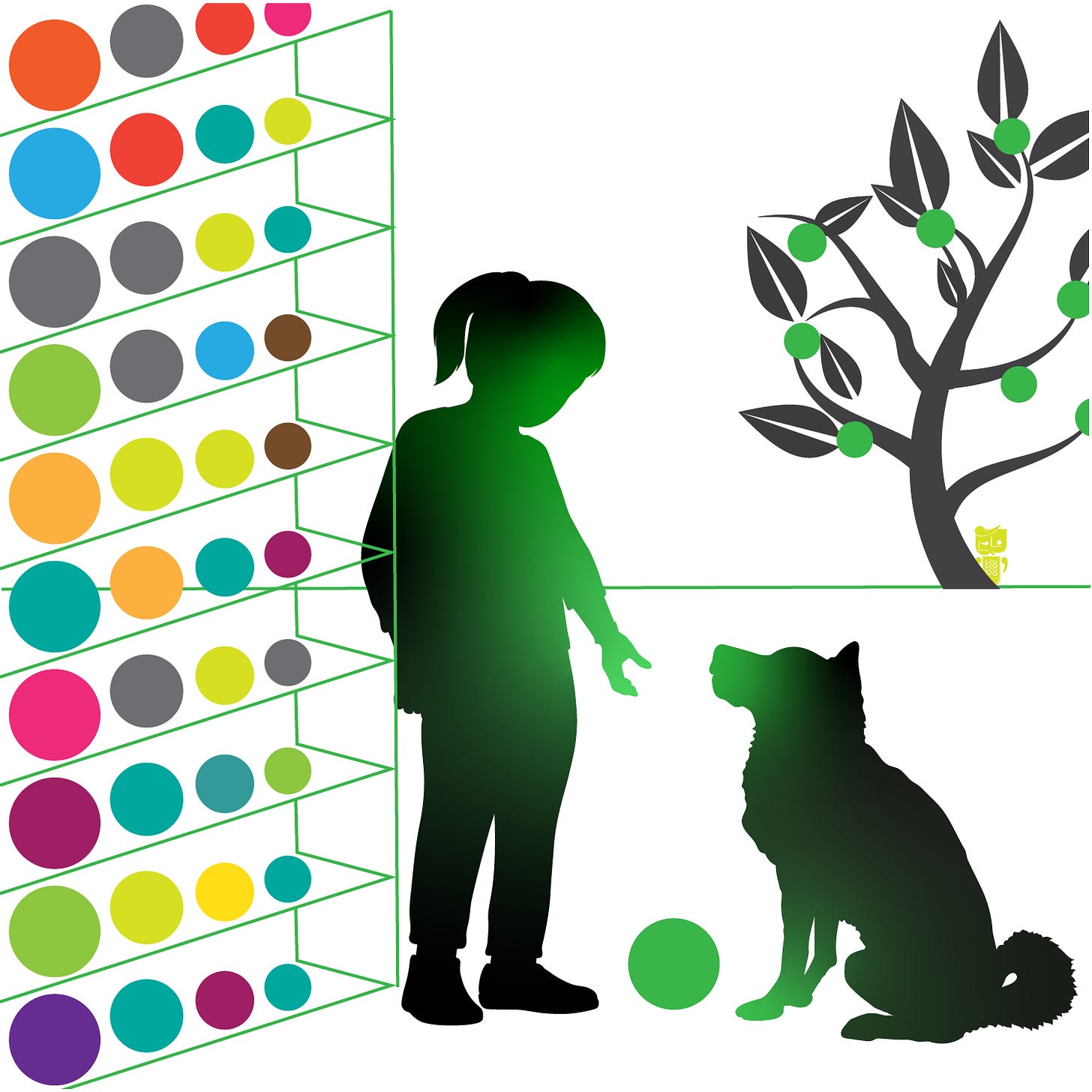 Line art illustration. Silhouette of a girl and a dog. A green ball sits between them. In the background, a tree with similar green balls. Next to the girl, a shelf filled with many balls of various bright colors.