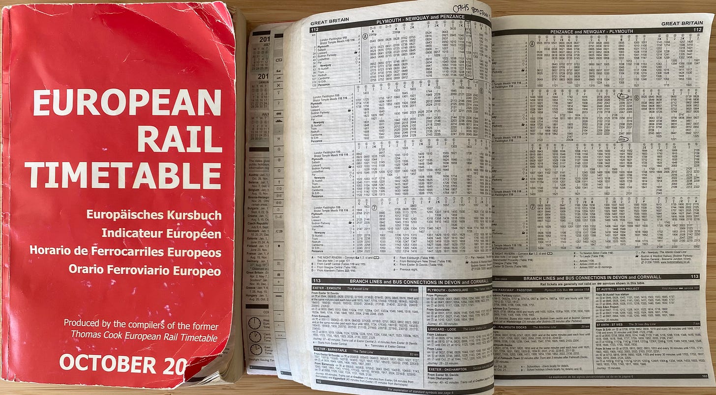 An open copy and a closed copy of the European Rail Timetable.