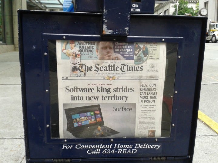Cover of the Seattle times from June 2012 the day after the Surface reveal. The newspaper is inside the newspaper vending machine downtown seattle.