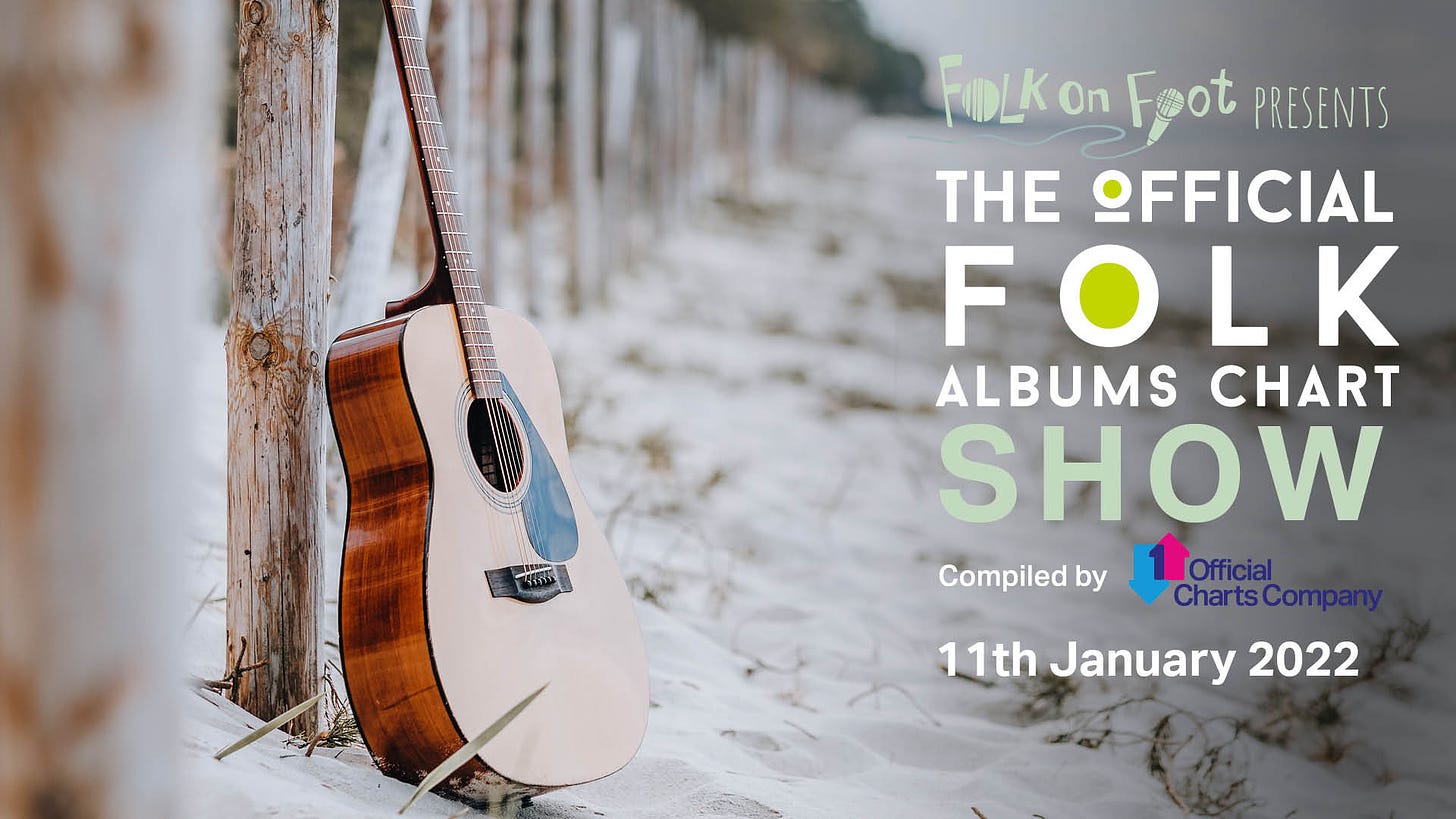 May be an image of guitar, outdoors and text that says "FOLKOn Foot PRESENTS THE OFFICIAL FOLK ALBUMS CHART SHOW Compiled by 11th January 2022"